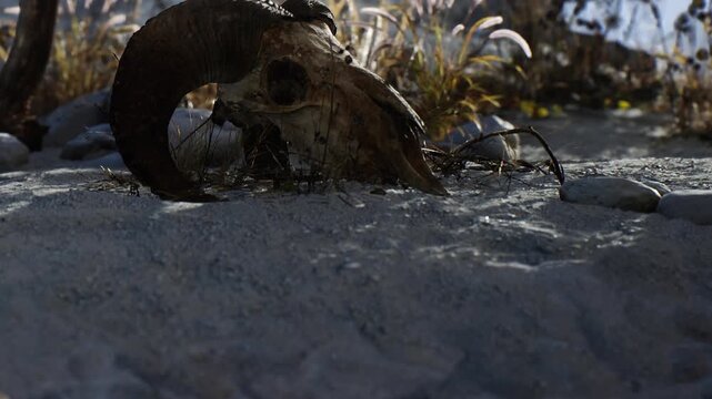 A skull of an animal lies on the ground surrounded by rocks and grass. The sun shines on the scene, highlighting the texture of the soil and vegetation.