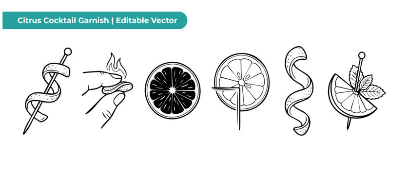 Citrus cocktail garnish vector set featuring orange peel twist, flaming citrus, lemon slice wheel, lime wedge with mint, line art icons for bar menu design, mixology art, isolated black outline.
