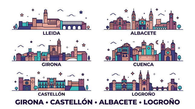 Set of Spain City Skyline Illustrations Featuring Lleida, Alicante, Girona, Cuenca, Castell&oacute;n and Logro&ntilde;o Vector Collection