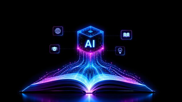 AI technology conceptualized as an illuminating open book, symbolizing vast data, global knowledge, and advanced learning processes for future innovation and intelligence.