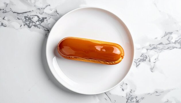 gourmet caramel eclair with glossy glazed topping on white plate and marble background high angle view