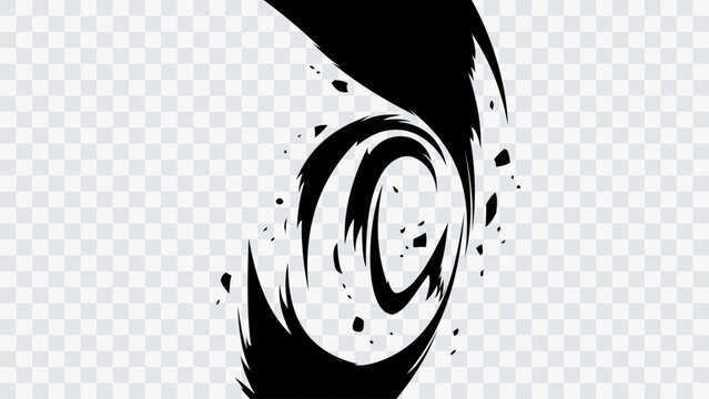 Abstract manga spiral impact effect with swirling motion, comic vortex energy, anime action background, dynamic rotation burst, isolated black vector element on transparent background.