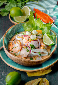 PERUVIAN CEVICHE SEBICHE. Peruvian seafood and fish sebiche with maize