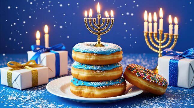 Golden menorah with lit candles stands on stack of blue donuts. Festive gifts with blue ribbons nearby. Sweet treats celebrate Jewish holiday. Winter celebration with family friends joy.