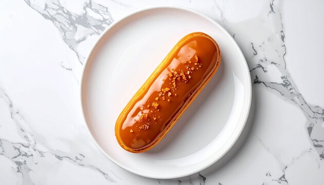 gourmet salted caramel eclair with glossy glaze on white plate and marble background top view