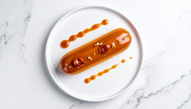 luxury gourmet caramel eclair dessert with glossy glaze on white plate background top view