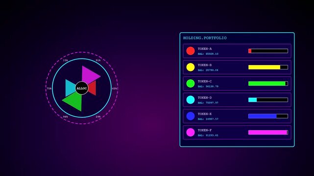 Digital asset liquidity monitors display color coded portfolio data metrics using futuristic glowing UI elements that shift across three screens in a dark professional finance workspace