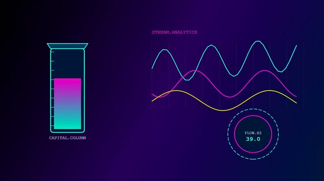 Digital displays showing asset liquidity trends with fluctuating line graphs and rising fluid column levels rendered in neon shades against a dark gradient studio environment