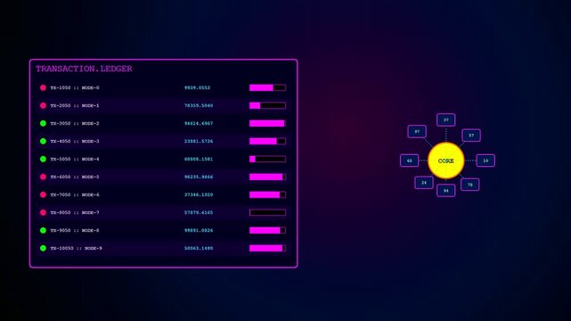 Digital displays showing asset liquidity metrics in a sequence of three panels with glowing purple text boxes and yellow central nodes on a dark background