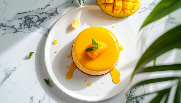 luxury mango mousse cake with glossy tropical glaze on white plate fine dining dessert