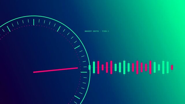 Digital asset liquidity visual representation featuring circular gauges and moving candlestick charts on a vibrant blue and green gradient backdrop with smooth animated performance data