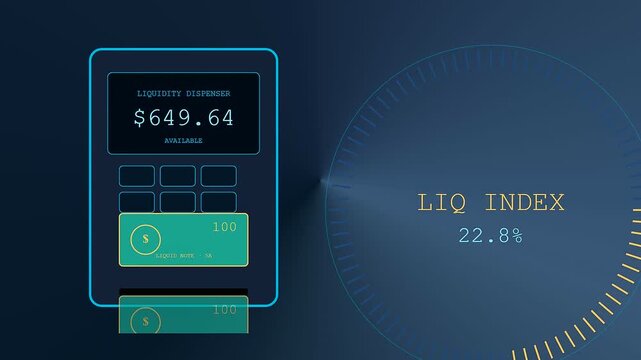 Digital displays showing asset liquidity trends with fluctuating monetary values and percentage metrics on a dark glowing interface in this animated sequence for financial data analysis