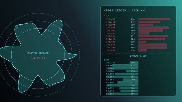Digital asset liquidity displayed through evolving radar graphs and numerical order ledger tables showing fluctuating market values within a glowing emerald green hued analytical software interface