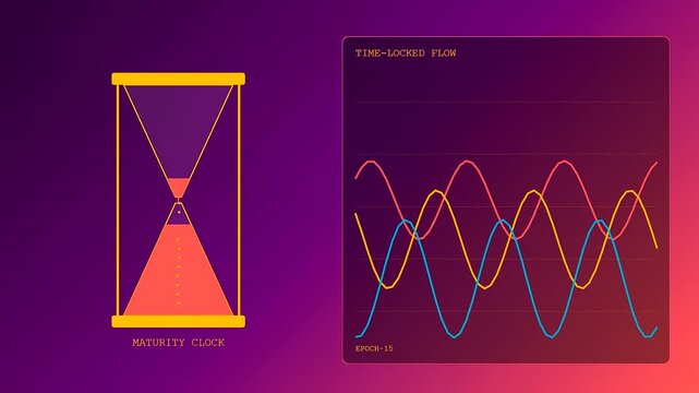 Digital representation of asset liquidity shown through shifting sand within glass hour clocks displayed alongside rhythmic oscillating wave line patterns in a dark gradient color space