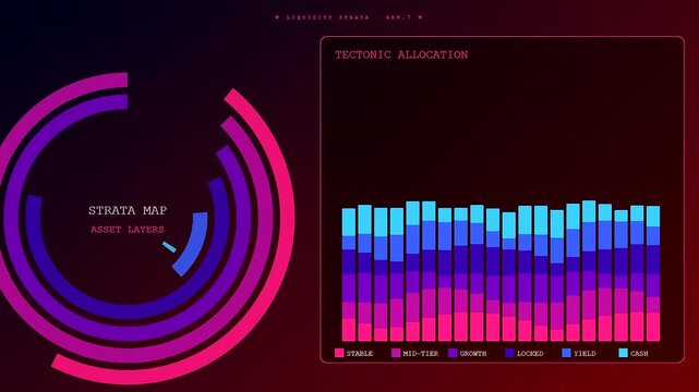 Digital displays showing asset liquidity metrics on a dark screen with vibrant circular interface elements shifting and glowing bars moving in a fast cyclical loop