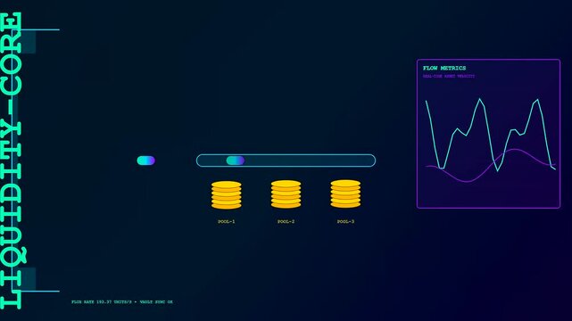 Digital asset liquidity monitors display moving line graphs and golden circular icons floating within a dark interface designed for tracking complex financial flow metrics data systems