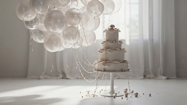 Wedding cake towers on a white stand surrounded by translucent floating balloons in a bright sunlit interior near curtains.