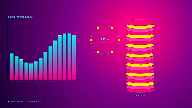 Digital displays showing asset liquidity trends with fluctuating bar charts and stacking circular data nodes for financial analysis presented in a vibrant gradient purple environment