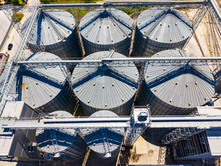 Large storage silos stand in a row at a farm site during bright daylight in a rural area surrounded by open land and machinery © DSMT