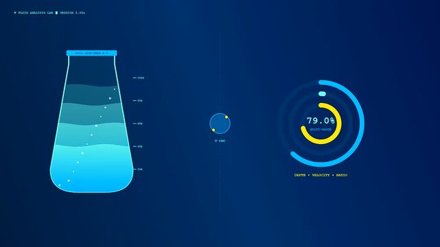 Digital asset liquidity metrics shown as glowing blue liquid levels in glass flasks with circular charts displaying percentage rates for financial forecasting and economic monitoring