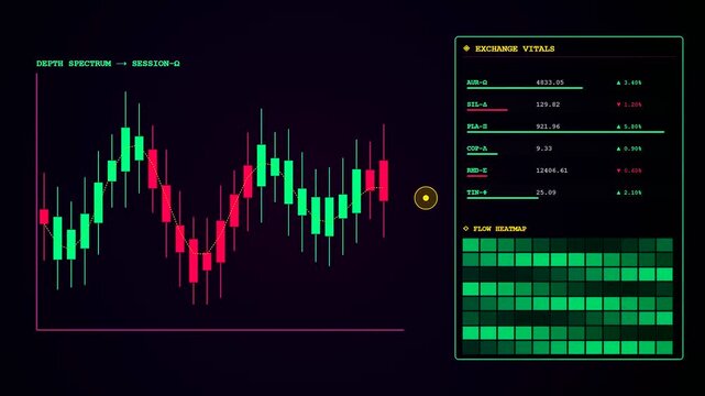 Digital displays showing asset liquidity trends with fluctuating green and red candlestick charts plus glowing numerical data panels captured in a smooth panning motion video