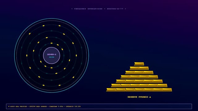 Digital asset liquidity flows shown through a glowing circular data node rotating beside a stacking gold pyramid structure during this simulated financial ledger operations process