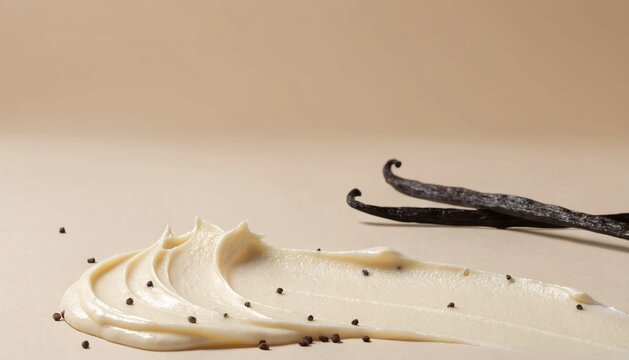 silky vanilla cream spread with elegant palette knife texture, Madagascar vanilla pods and tiny vanilla seeds