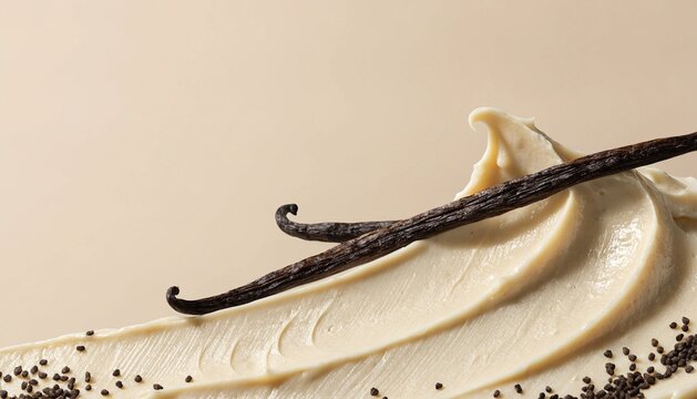 silky vanilla cream spread with elegant palette knife texture, Madagascar vanilla pods and tiny vanilla seeds