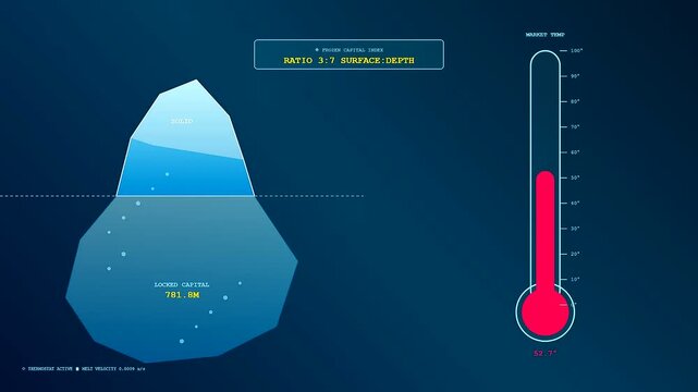 Digital asset liquidity metrics shown as melting icebergs on a screen with descending numeric values tracking melting rates and financial fluctuations in a dark space
