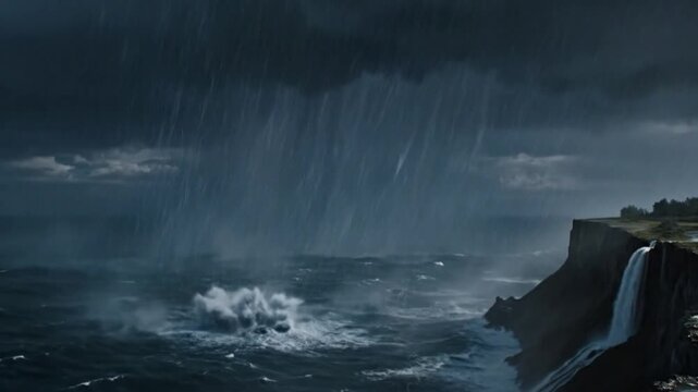 Severe rain storm and heavy downpour falling over the dark ocean water near a high coastal cliff with waterfall
