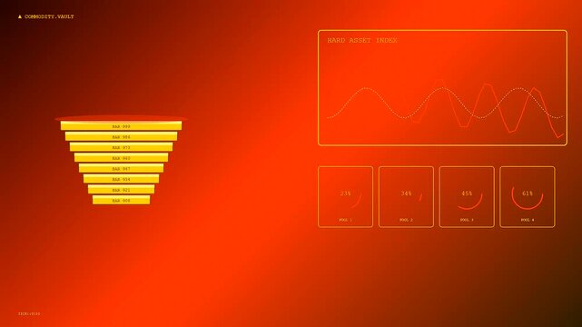 Digital displays showing asset liquidity trends with gold colored funnel stack icons in a virtual analytical interface featuring animated waveform lines and glowing numerical percentage bars