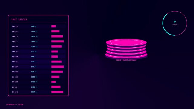 Digital displays showing asset liquidity metrics in a cycle of glowing pink data tables and circular ring graphics reflecting complex financial market movements and monitoring