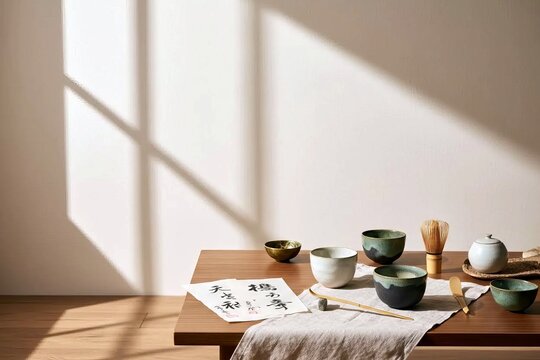 Traditional Japanese Matcha Tea Ceremony Set Still Life Setup Representing Zen Culture Mindfulness and Asian Hospitality