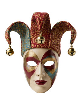 Isolated traditional Venetian jester mask with three golden bells and ornate fabric pattern