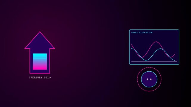 Asset liquidity monitoring dashboard showing fluctuating digital lines inside glowing neon arrows with changing numeric data values on a dark purple screen in this looping motion graphic