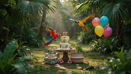 Obraz premium Parrots fly around a tropical birthday cake placed on a small table surrounded by presents in a dense jungle forest.