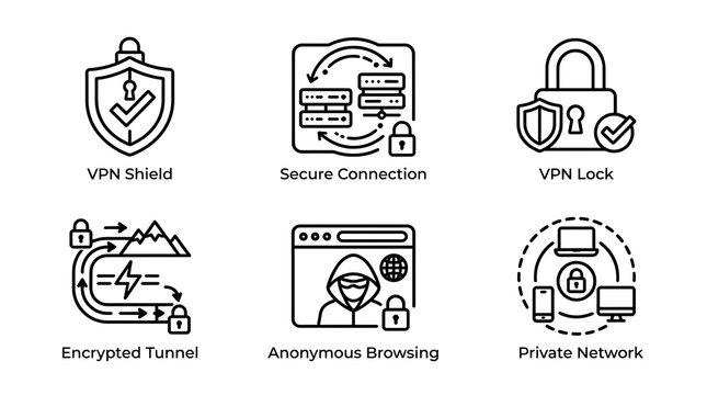 VPN and Cybersecurity Line Icon Set for Web Security
