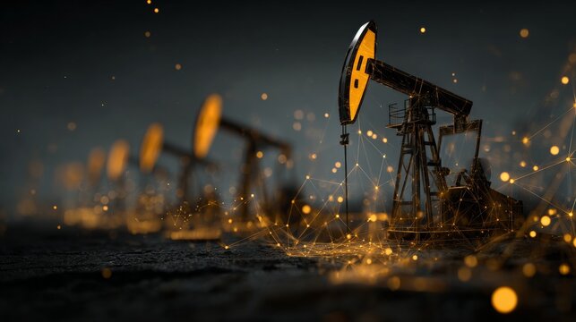 The ever-changing landscape of oil production and worldwide supply chains. Digital network. A glimpse into the global oil crisis: drilling derricks and market challenges. Ai framework.