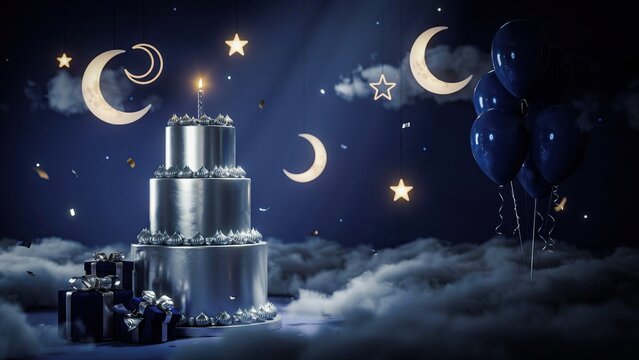 Silver tiered cake glows among mystical clouds under a night sky filled with glowing moons and hanging stars.