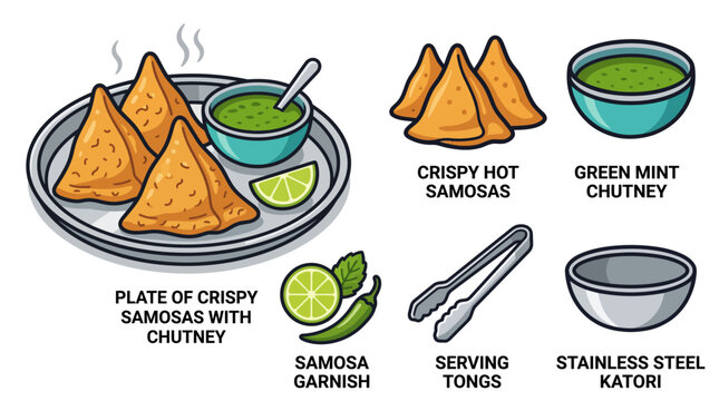 Traditional Indian fried samosas set with green mint chutney garnish serving tongs and stainless steel bowl vector illustration