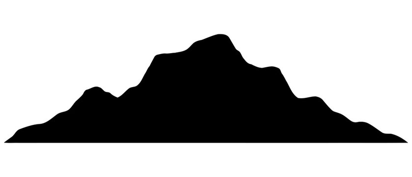 Black mountain range silhouette featuring rugged peaks and hills, isolated on a transparent background as a versatile graphic element.