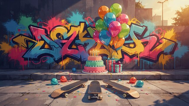 Skateboards sit on the urban concrete pavement in front of a colorful graffiti wall featuring a large birthday cake.