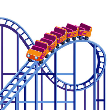 Isolated vibrant roller coaster train climbing steep track, thrilling amusement park ride illustration