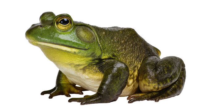Isolated green frog in profile, a large amphibian with bright golden eyes, sitting and looking left