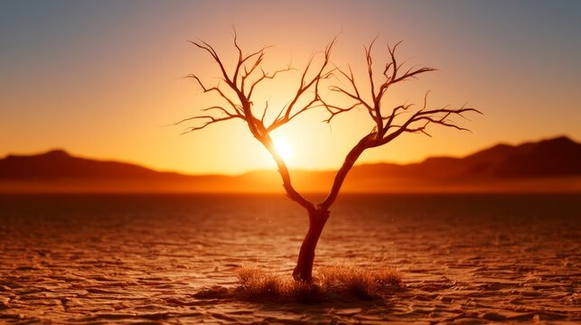 Vast Arid Wilderness Under Glowing Orange Twilight with Dry Tree Silhouette