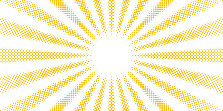 Retro Yellow Halftone Sunburst Radial Rays Pattern Background Vintage Comic Book Pop Art Vector Burst for Promotional Sale Poster, Event Banner, Product Display Backdrop, and Retro Advertising Layout