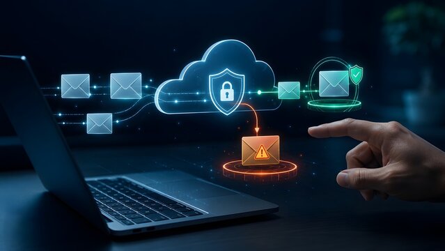 Cloud computing network security and encrypted email concept with glowing shield filtering safe and dangerous messages on laptop