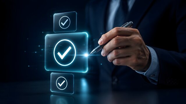 Businessman using stylus pen to check virtual glowing checkmark icon for digital approval and task completion concept