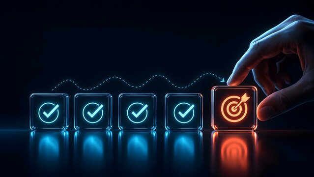 Business strategy and goal achievement concept with hand pushing glowing target icon completing a checklist sequence