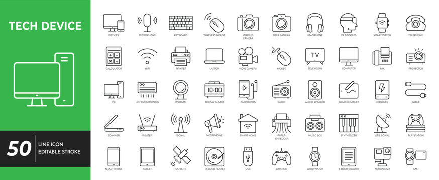 Tech Device icon set. editable stroke